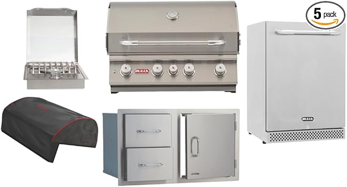 Bull Outdoor Products 30-Inch Outdoor Kitchen Bundle – Angus 75,000 BTU Built-In Grill Head, Grill Cover, Door & 2 Drawer Combo with Reveal, Glass Door & Contemporary Refrigerators – NG