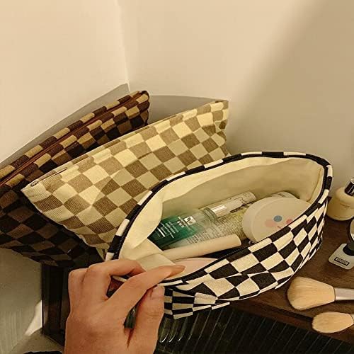 Checkered Cosmetic Bags for Women, Canvas Makeup Pouch Large Purse - Image 4