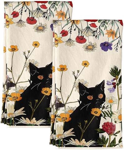Miss Adola 150GSM Flour Sack Kitchen Towels Set of 2, Cat in Grass by MissAdola