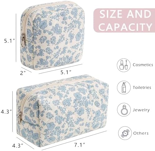 RSRSLEII 2Pcs Quilted Cotton Makeup Bag Set, 21 Blue Flowers Set - Image 3