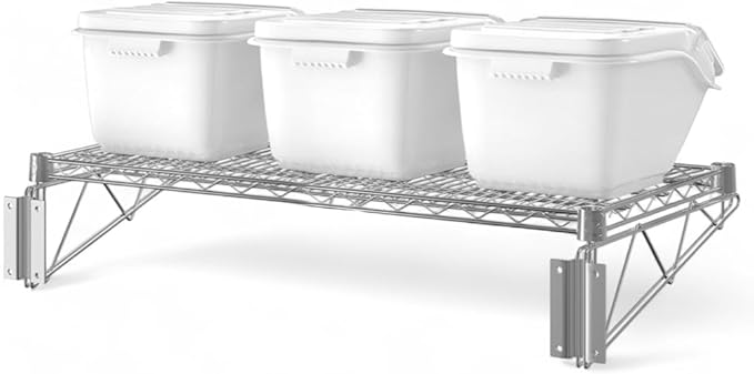 18" x 36" Chrome Wall-Mounted Wire Shelf Kit with Clip-in Ingredient Storage Bins, Heavy-Duty Steel Rack, Supports up to 600 lb, Flip-Top Lids, Open-Wire Design for Kitchen/Prep/Storage