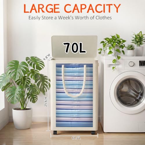 Slim Laundry Hamper with Wheels, 18 Gal Rolling Laundry Basket with lid and - Image 3