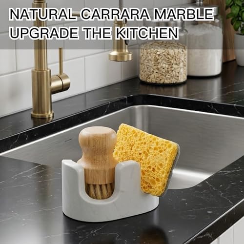 White Marble Sponge Holder for Kitchen Sink, 2-in-1 Sponge & Brush Holder - Image 4