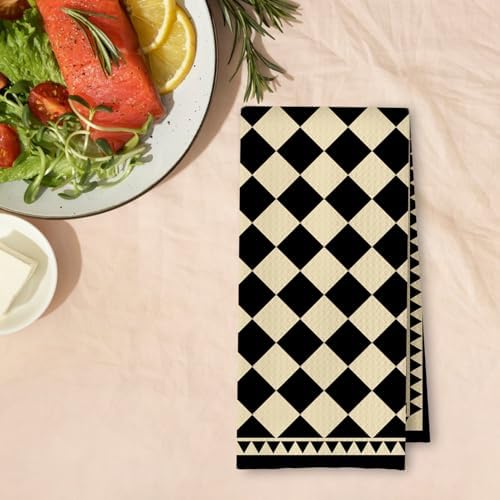 Boho Neutral Checkered Kitchen Towels, Trendy Retro Hand Towels - Image 4