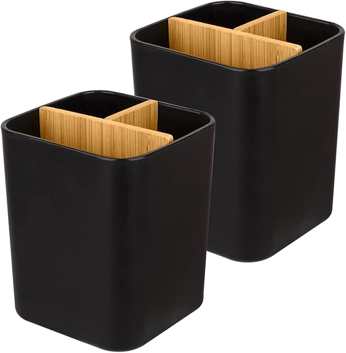 Bamboo Toothbrush Holder for Bathrooms Toothpaste Organizer, 2 Pack, 3 Slots by Heagoale