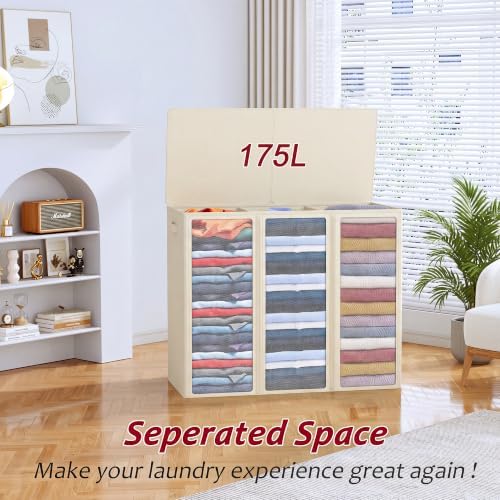 175L Laundry Hamper 3 Section, Large Laundry Hamper - Image 4