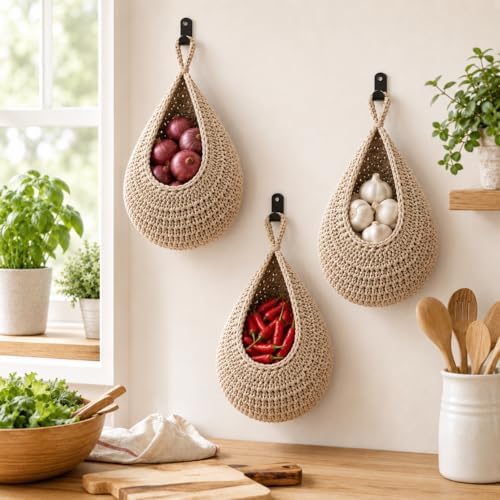 Hanging Fruit Baskets for Kitchen, 3 Pack Handwoven Wall Baskets - Image 6