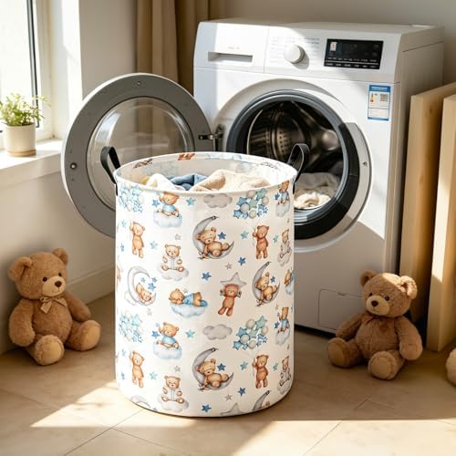 Round Bear Pattern Laundry Hamper, Cotton Canvas Storage Bin - Image 7