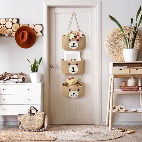 Cute Bear Hanging Baskets, 3-Tier Woven Cotton Wall Mounted Storage Organizer - Image 4