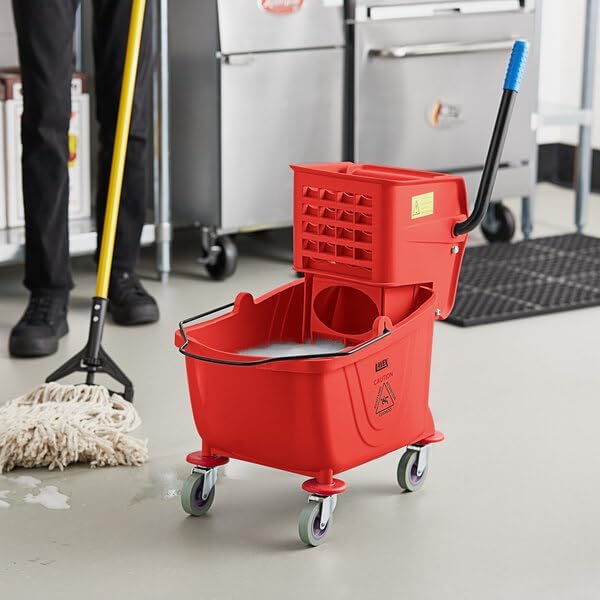 Commercial Mop Bucket with Side Press Wringer, 26 Qt Capacity, Red, 4 Casters