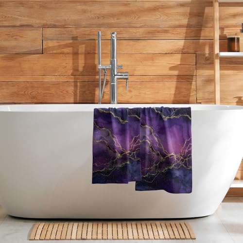 Purple and Gold Marble Kitchen Towels Set of 2 Abstract Ink Texture Soft - Image 3