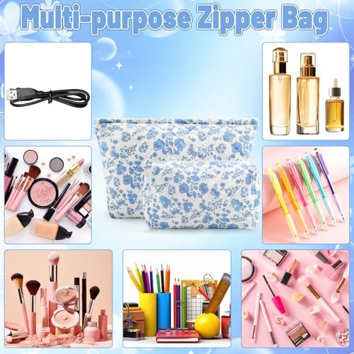 2Pcs Small Makeup Bag Quilted Cosmetic Bag Flower Pencil Case Travel Makeup Bag - Image 4
