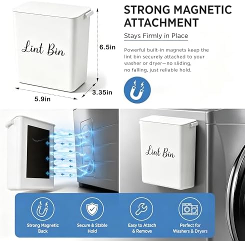 Magnetic Lint Bin with Lid for Laundry Room, Compact Plastic Dryer Lint Holder - Image 2