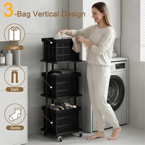 120L Vertical Laundry Sorter, 3 Tier Metal Rolling Laundry Basket - Image 5