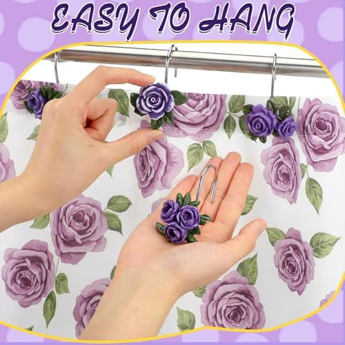 Amyhill 12 Pcs Purple Rose Shower Curtain Hooks Cute Purple Rose Decorative - Image 5