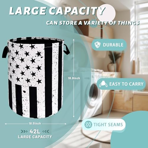 Black White US Flag Laundry Basket Oxford Cloth Foldable Hamper 18.9x16.5In - Image 2