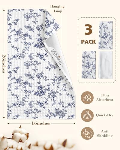 Miss Adola 3pcs Cotton Waffle Kitchen Towels, Toile Print - Image 4