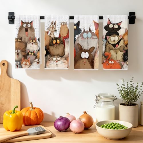 4 Pcs Cute Cat Kitchen Towels, Funny Cats Gifts Absorbent Hand Towels-02 - Image 4