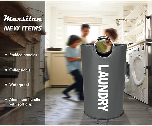 Maxsilan 125L X-Large Laundry Basket Bag, Collapsible Tall Hamper, Dark Grey - Image 2