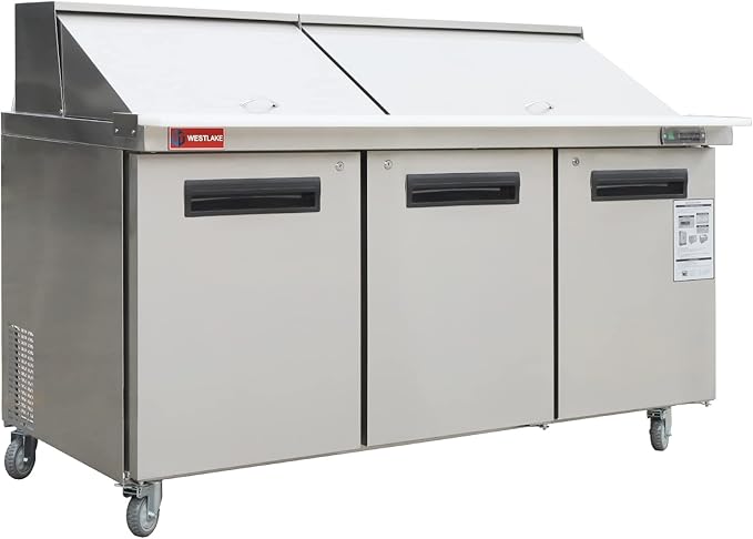 WESTLAKE 72" W 3 Door Refrigerator Sandwich & Salad Prep Table Commercial Mega Top Refrigerator Stainless Steel Counter Fan Cooling with 30 pans for Restaurant, Bar