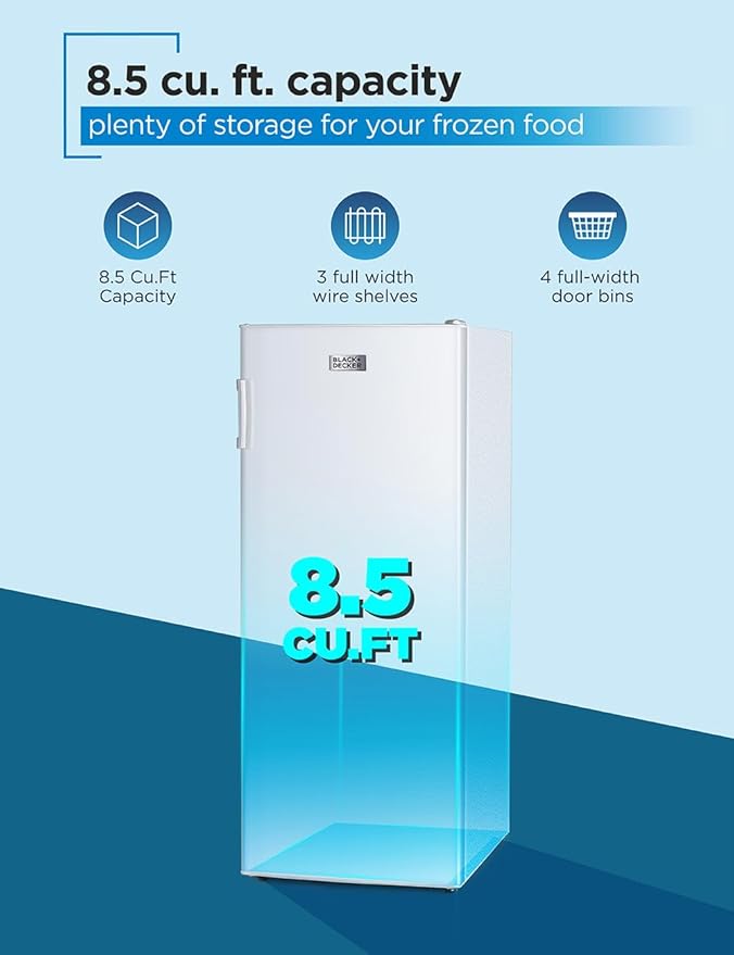 BLACK+DECKER 8.5 Cu. Ft. Upright Freezer, Stand Up Freezer with Mechanical Temperature Control, Freezer Upright with 3 Shelves and 4 Door Bins, Manual Defrost, R600a Refrigerant, BUF850LW, White