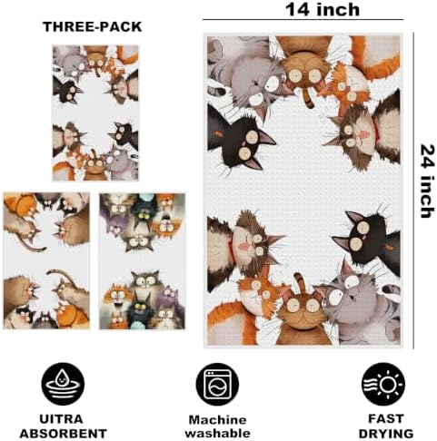 3 Pcs Cute Cat Kitchen Towels, Funny Cats Gifts Absorbent Hand Towels-02 - Image 2
