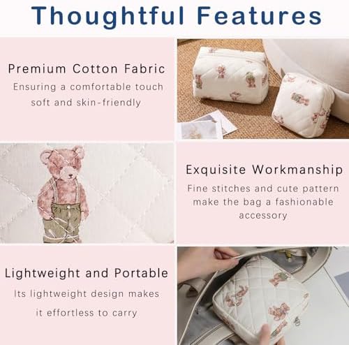 RSRSLEII 2 Pcs Quilted Cotton Makeup Bag Set, 20 Bear Set - Image 4