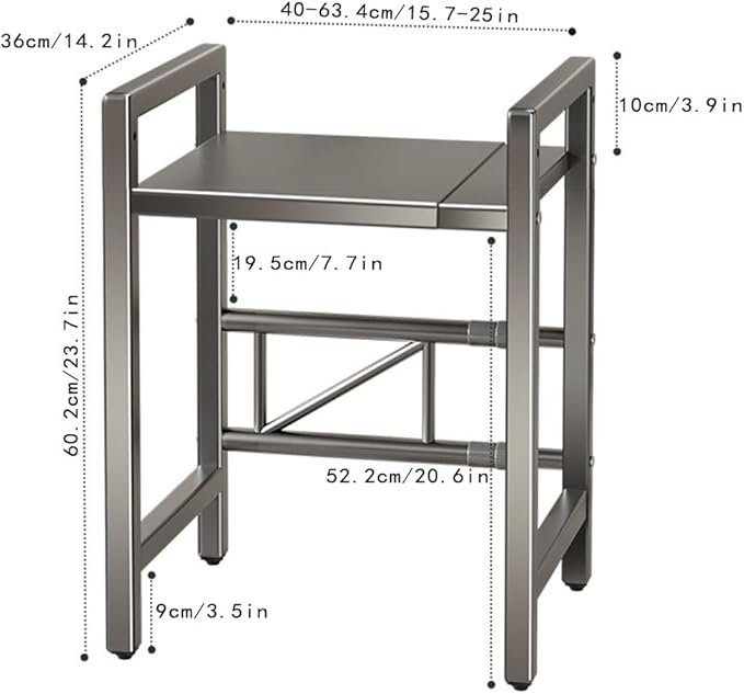 2-Tier Extendable Microwave Oven Rack with 8 Hooks, Adjustable Microwave/Toaster Shelf, Microwave Stand with Storage, Retractable Kitchen Countertop, for Kitchen Shelves Counter Top Organizer