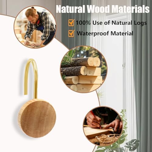 Shower Curtain Hooks, Wood Decorative Shower Curtain Rings, Modern Round Log - Image 2