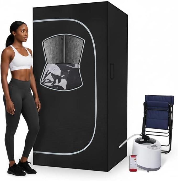 HomeCare Portable Home Sauna Box, Foldable Steam Room with 2.6L 1200W Steamer, 9 Temp & 90 Min Timer, Includes Folding Chair for Relaxation