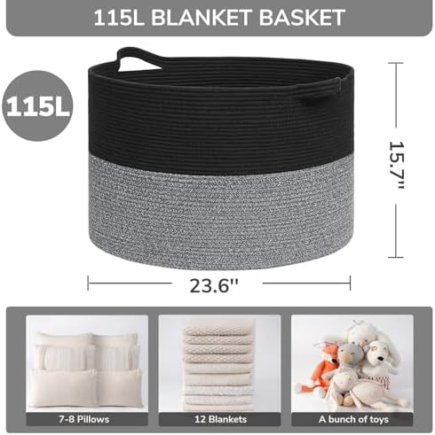INDRESSME 115L Extra Large Woven Rope Blanket Basket Living Room Black Grey - Image 2