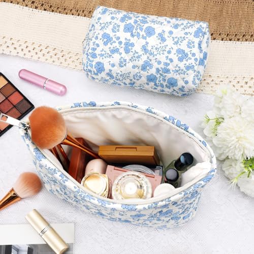 2Pcs Small Makeup Bag Quilted Cosmetic Bag Flower Pencil Case Travel Makeup Bag - Image 3