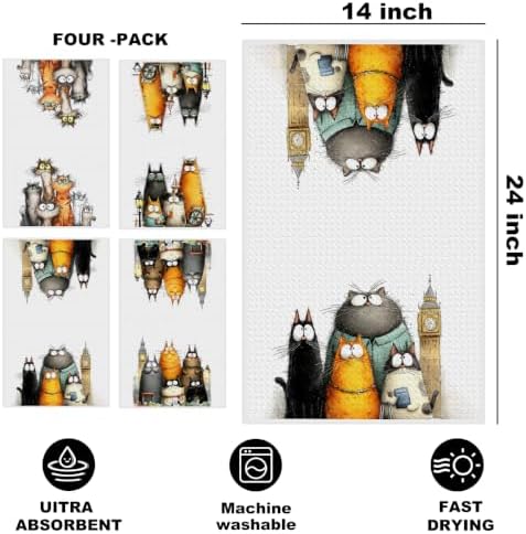 4 Pcs Cute Cat Kitchen Towels, Funny Cats Gifts Absorbent Hand Towels-04 - Image 2