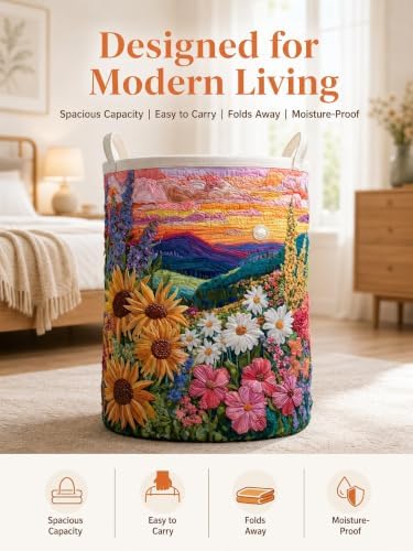 Quilted Laundry Basket with Handles, Boho Floral Quilted Storage Hamper - Image 4
