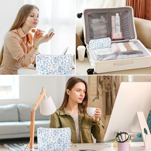 2Pcs Quilted Cotton Makeup Bag Travel Makeup Brush Bag Large Small Pouch Set - Image 4