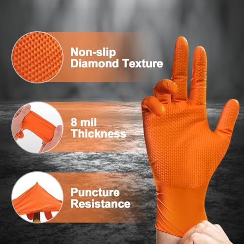 PROMEDIX P Heavy Duty Nitrile Disposable Gloves, 8-mil Orange, Raised Diamond - Image 2