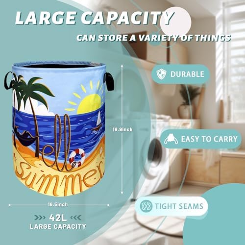 Funny Summer Laundry Basket Oxford Cloth Foldable Hamper 18.9x16.5 Inch - Image 2