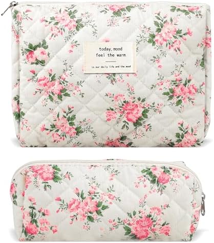 2Pcs Quilted Cotton Makeup Bag Large Travel Makeup Pouch Small Brush Holder Set by Lestp