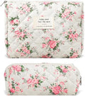 2Pcs Quilted Cotton Makeup Bag Large Travel Makeup Pouch Small Brush Holder Set by Lestp