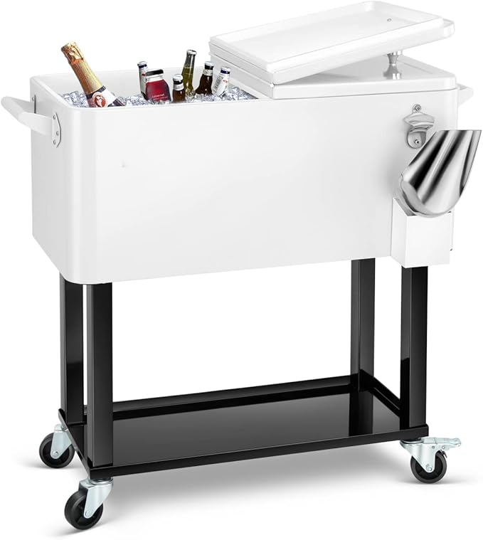 EDOSTORY 80 Quart Rolling Ice Chest Cooler Cart,Patio Backyard Party Drink Beverage Bar Stand Up Cooler Trolley with Ice Scoop
