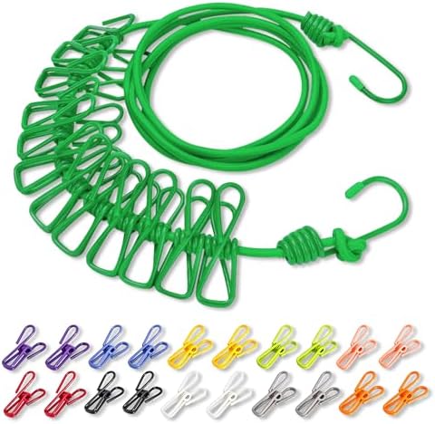 Portable Clothesline with 12 Clothespins, Plus 20 Colorful Clips, Adjustable by Unknown