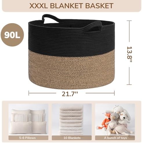 INDRESSME XXXLarge Woven Rope Blanket Basket Living Room Mix Black - Image 3