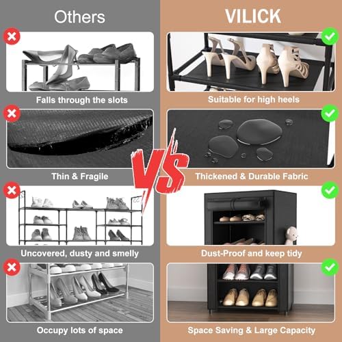 VILICK Shoe Rack with Cover Narrow Shoe Organizer with 4 Side Pockets 10 Tier - Image 5