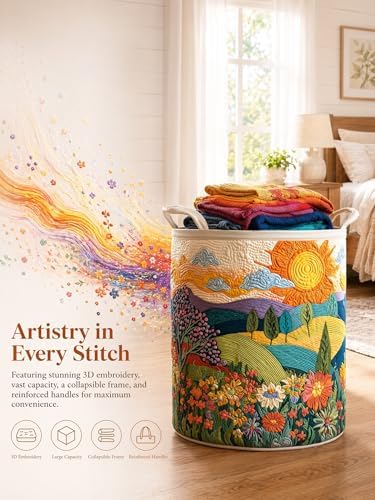 Quilted Laundry Basket with Handles, Boho Floral Quilted Storage Hamper - Image 4