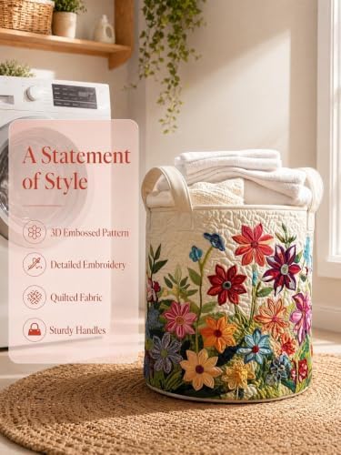 Quilted Laundry Basket with Handles, Boho Floral Quilted Storage Hamper - Image 2