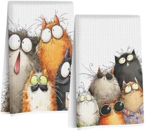 2 Pcs Cute Cat Kitchen Towels, Funny Cats Gifts Absorbent Hand Towels-07 by Jztco