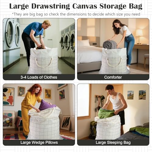 Canvas Laundry Bag with Handles & Drawstring, XL 33"Wx 35"H, Geometry Grid - Image 6