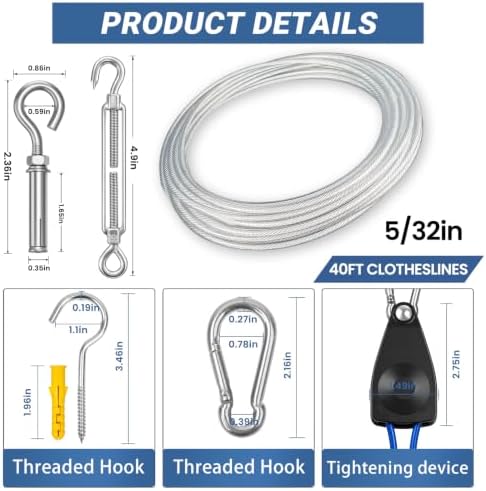 40FT Outdoor Clothesline Wire Rope System, Adjustable Steel Laundry Line - Image 2