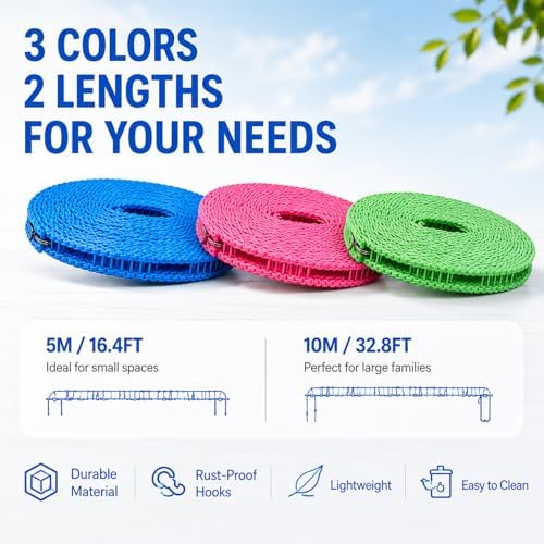 Portable Clothesline for Outdoor & Home, 3 Pack Windproof Non-Slip Clothesline - Image 6