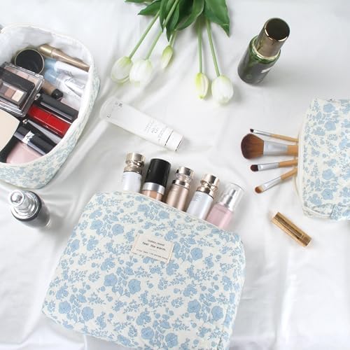 BuyCard Quilted Makeup Bag Set, CuteFloral Cotton Coquette Makeup Bag Toiletry - Image 6